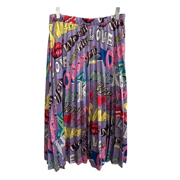 Colorful Graphic Print Women’s Pleated Skirt Elastic Waist Made In Italy - Picture 3 of 6